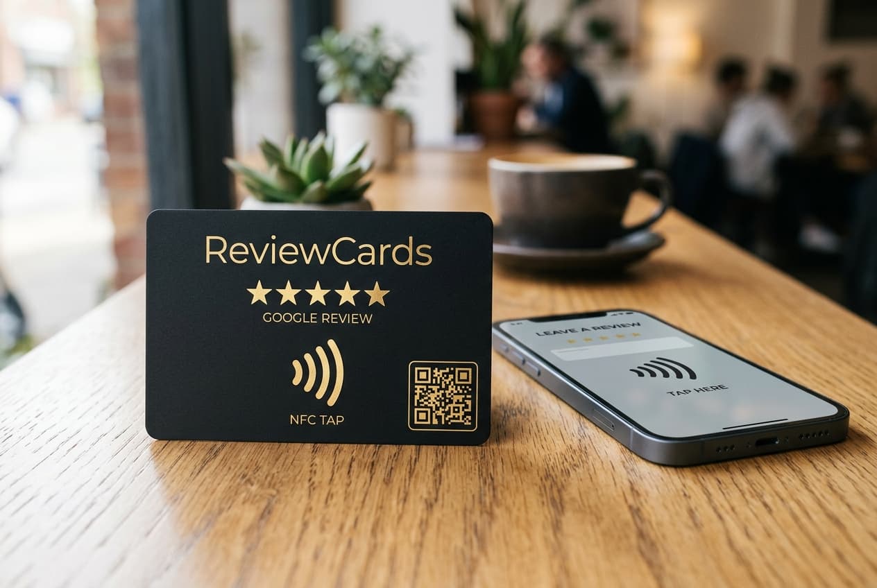 Tarjeta física inteligente ReviewCards para reseñas de Google en local comercial